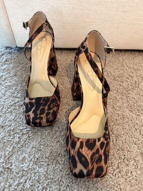 Jessica Simpson Leopard Print Ankle-Strap Platform Block Heels - Brown/Black